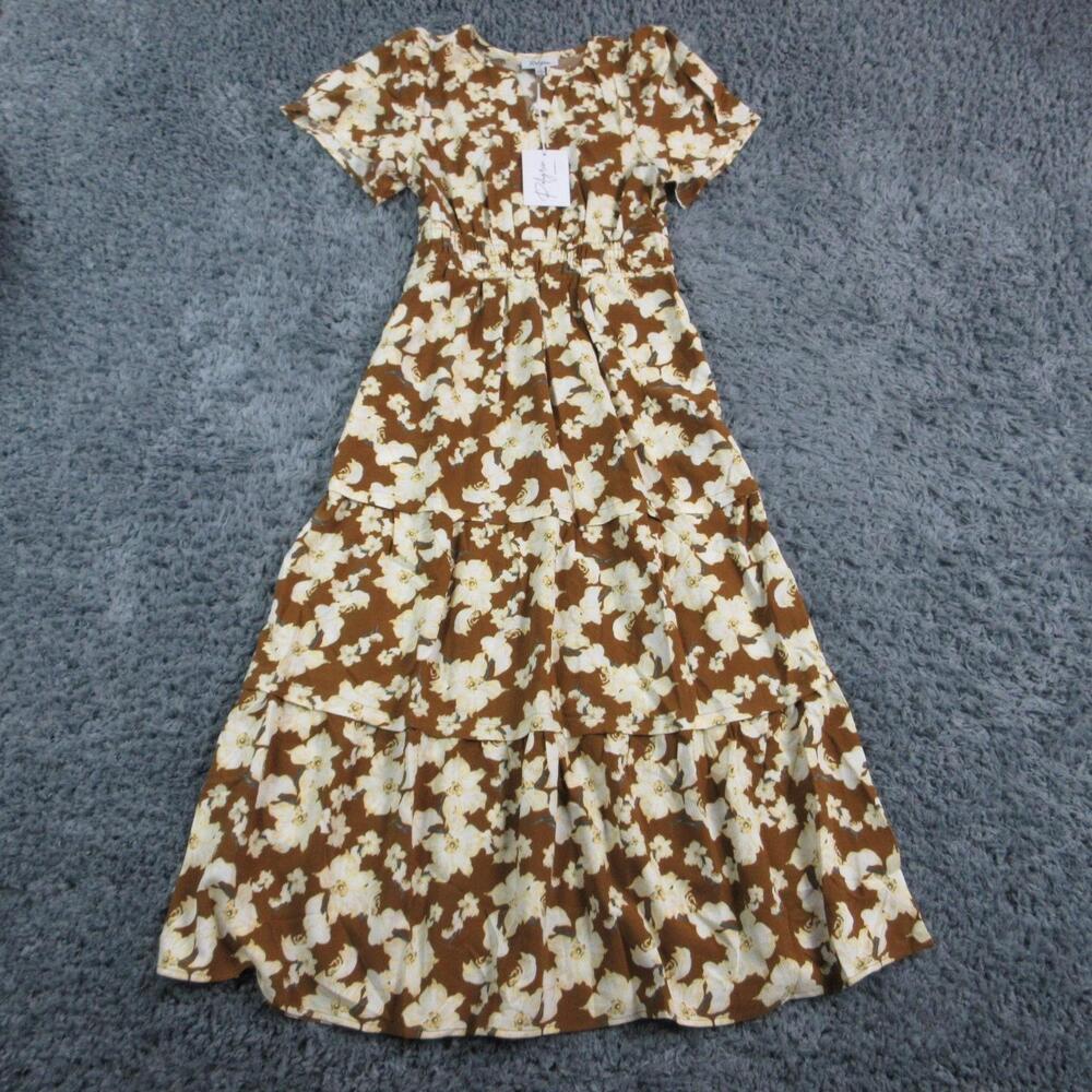 Polagram Dress Womens S Brown Floral Tiered Midi Smocked Short Sleeve NWT
